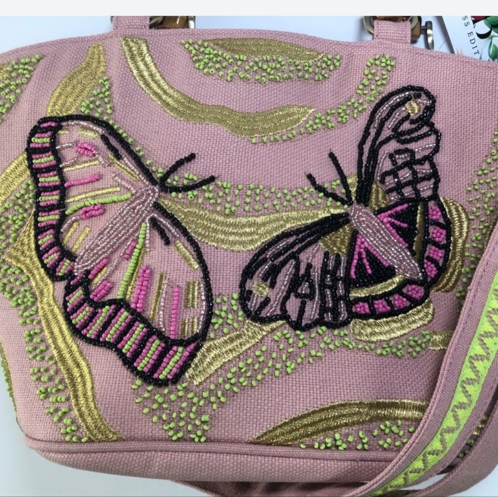 Embroidered Pink Butterfly Handbag With Wodden Handle NWT